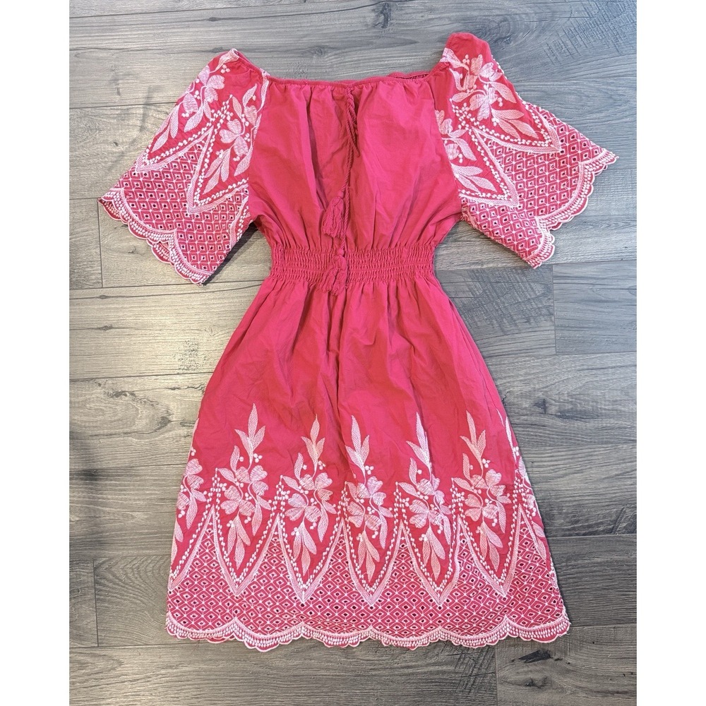 Kindred Embroidered Boho Dress L Red Mexican Otomi Folk Smocked Tassel Resort